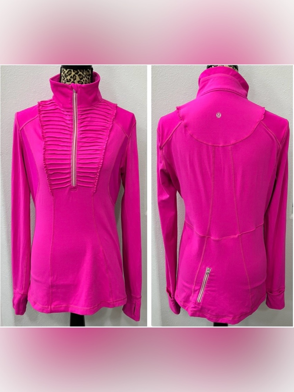 Lululemon Athletica fuchsia half-zip ruffle front LS pullover - size 10